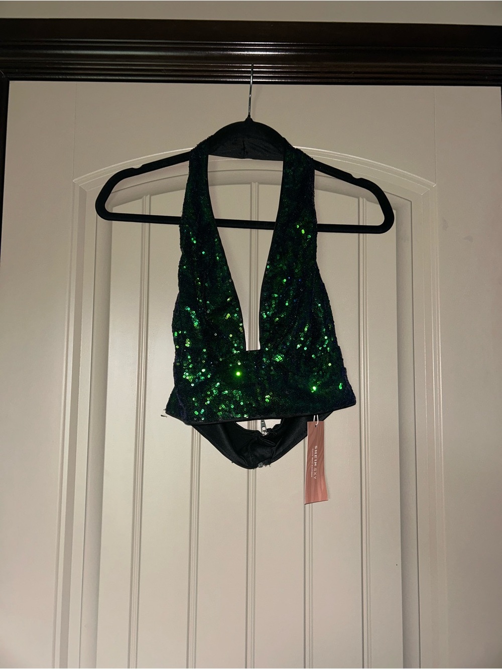 SHEIN Green and Blue Sequin Halter Crop Top